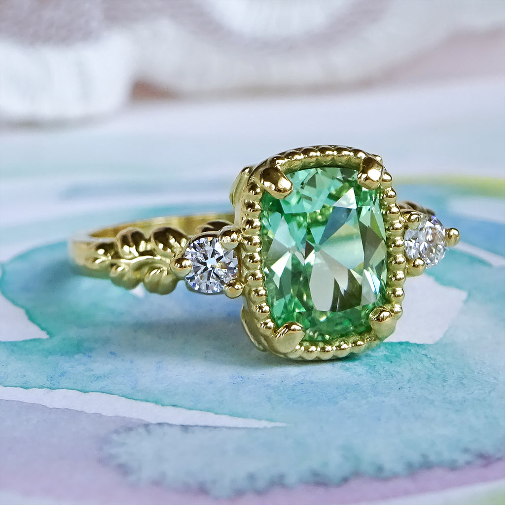 Vintage Style Mint Sapphire Diamond Engagement ring in 9ct / 14ct/ 18ct solid Gold Rings Bijoux de Chagall