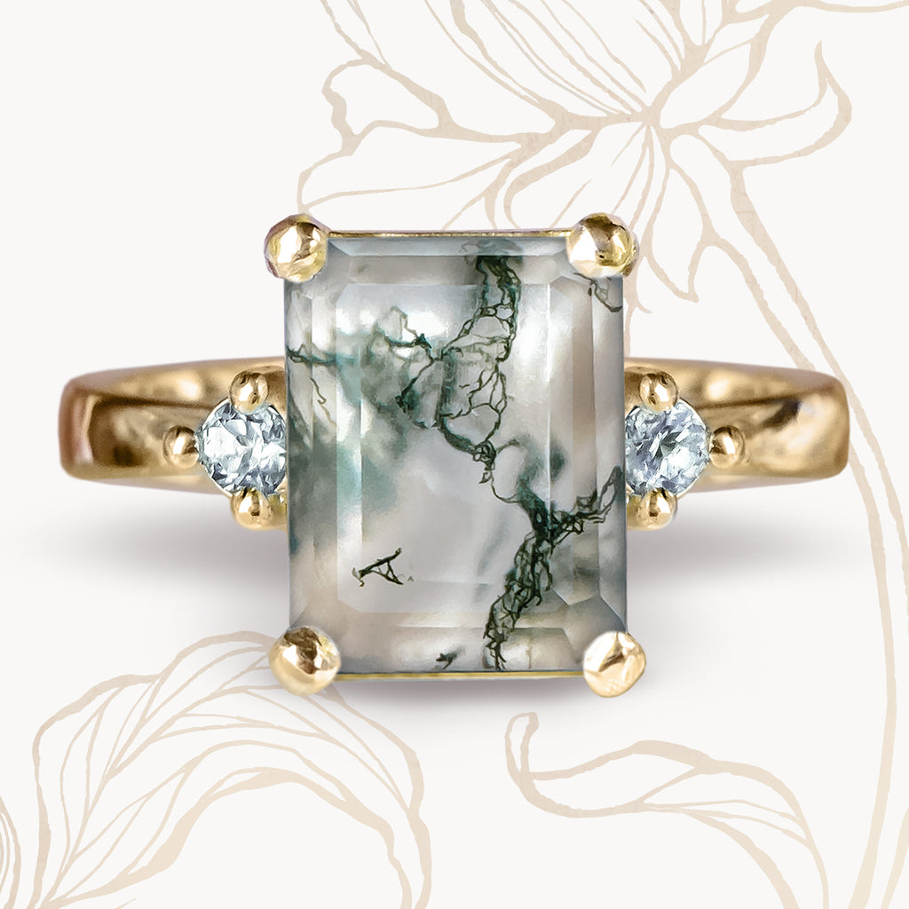 Natural Classic Moss Agate Diamond Unique Engagement ring in 9ct / 18ct Gold - Bijoux de Chagall