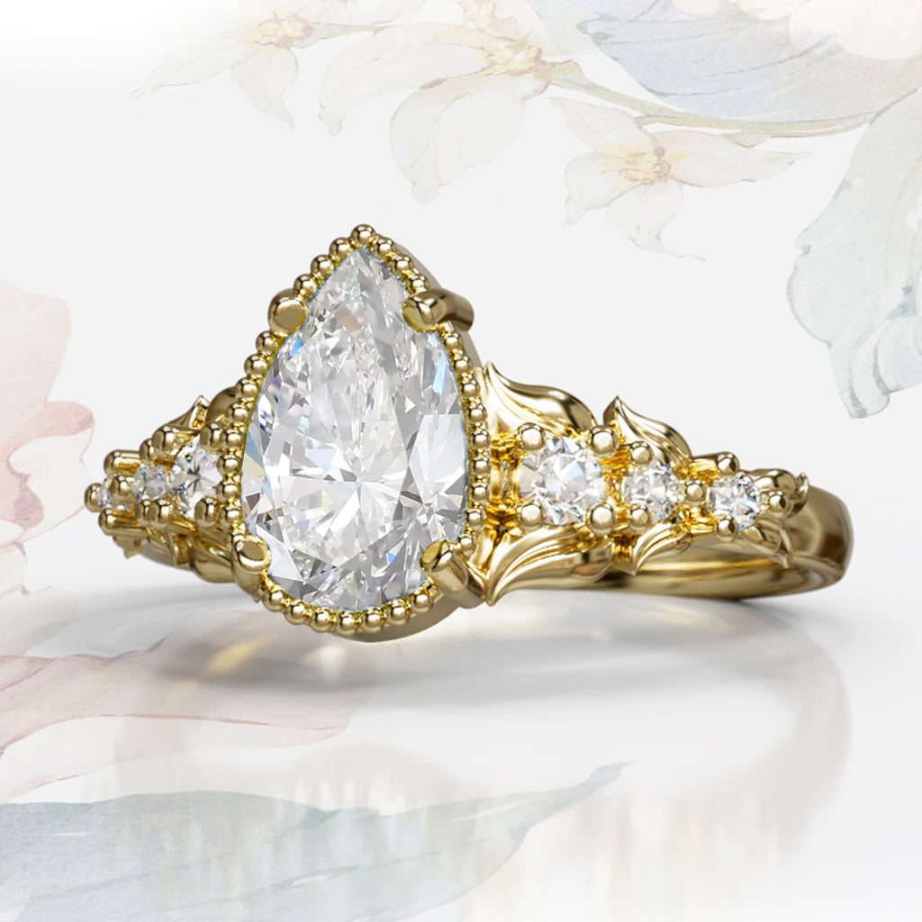 Dreamy Flora Pear Green Sapphire or Diamond Engagement Ring in 9ct / 14ct/ 18ct Gold Rings Bijoux de Chagall