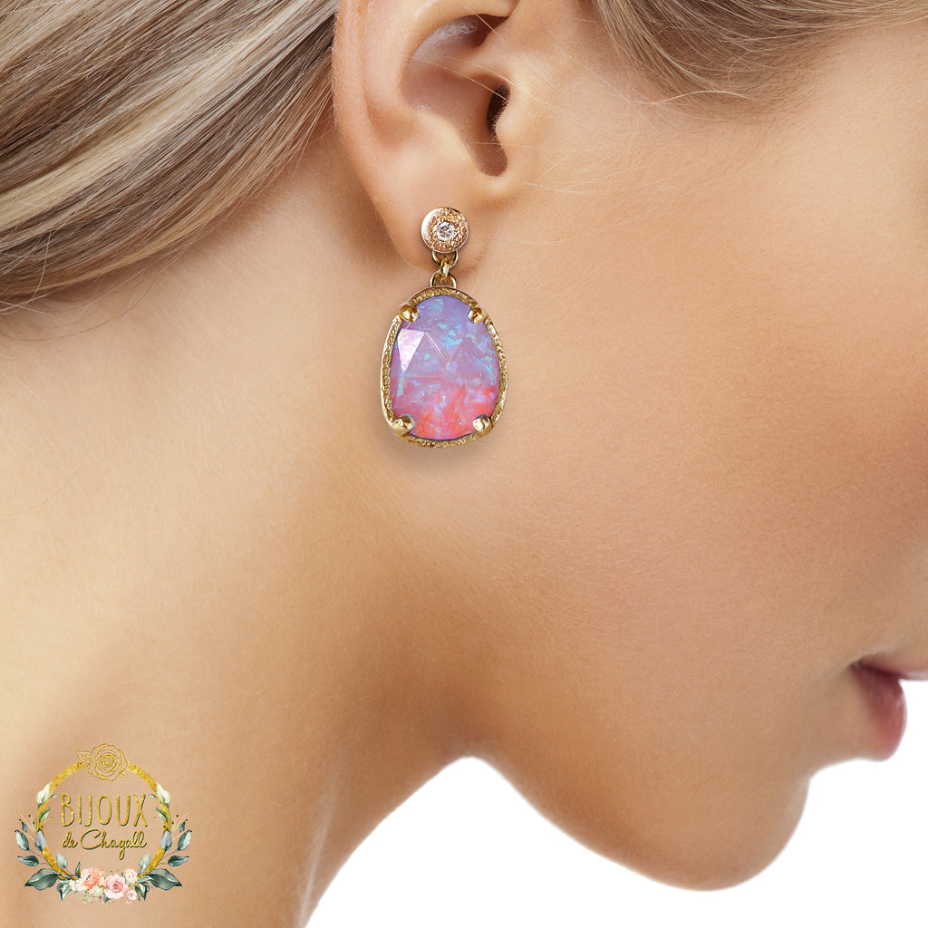 Dreamy Rose Blush Opal and Diamond Earrings in 9ct /18ct Gold - Bijoux de Chagall