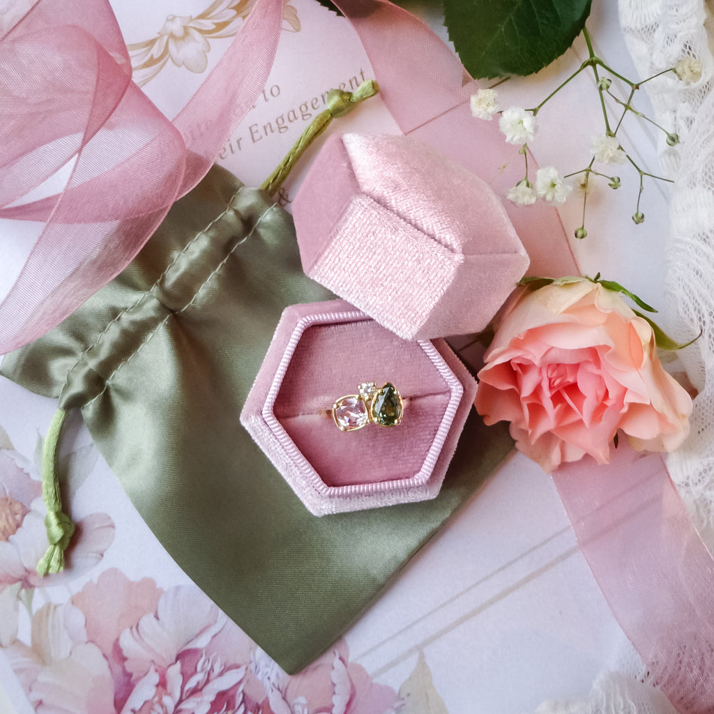 Dusty Pink Engagement & Wedding Velvet Ring Box Gift Kit - Green - Bijoux de Chagall