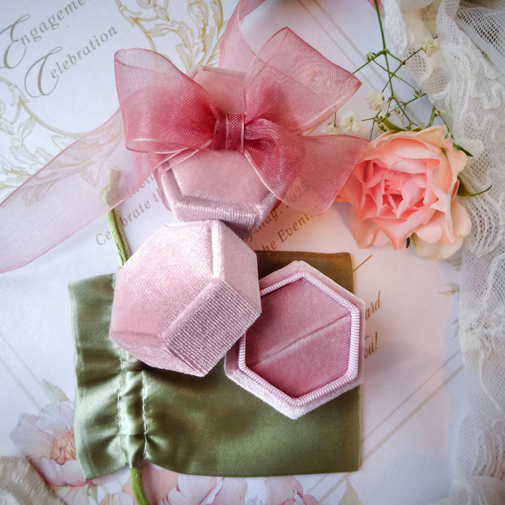 Dusty Pink Engagement & Wedding Velvet Ring Box Gift Kit - Green - Bijoux de Chagall