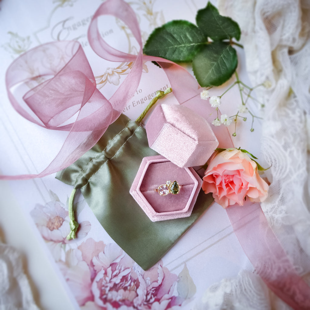 Dusty Pink Engagement & Wedding Velvet Ring Box Gift Kit - Green - Bijoux de Chagall