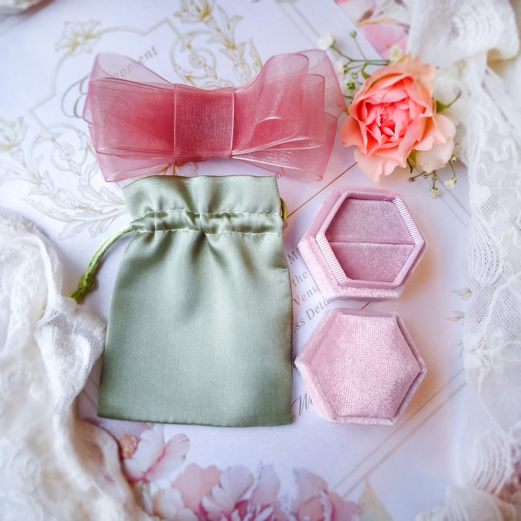 Dusty Pink Engagement & Wedding Velvet Ring Box Gift Kit - Green - Bijoux de Chagall