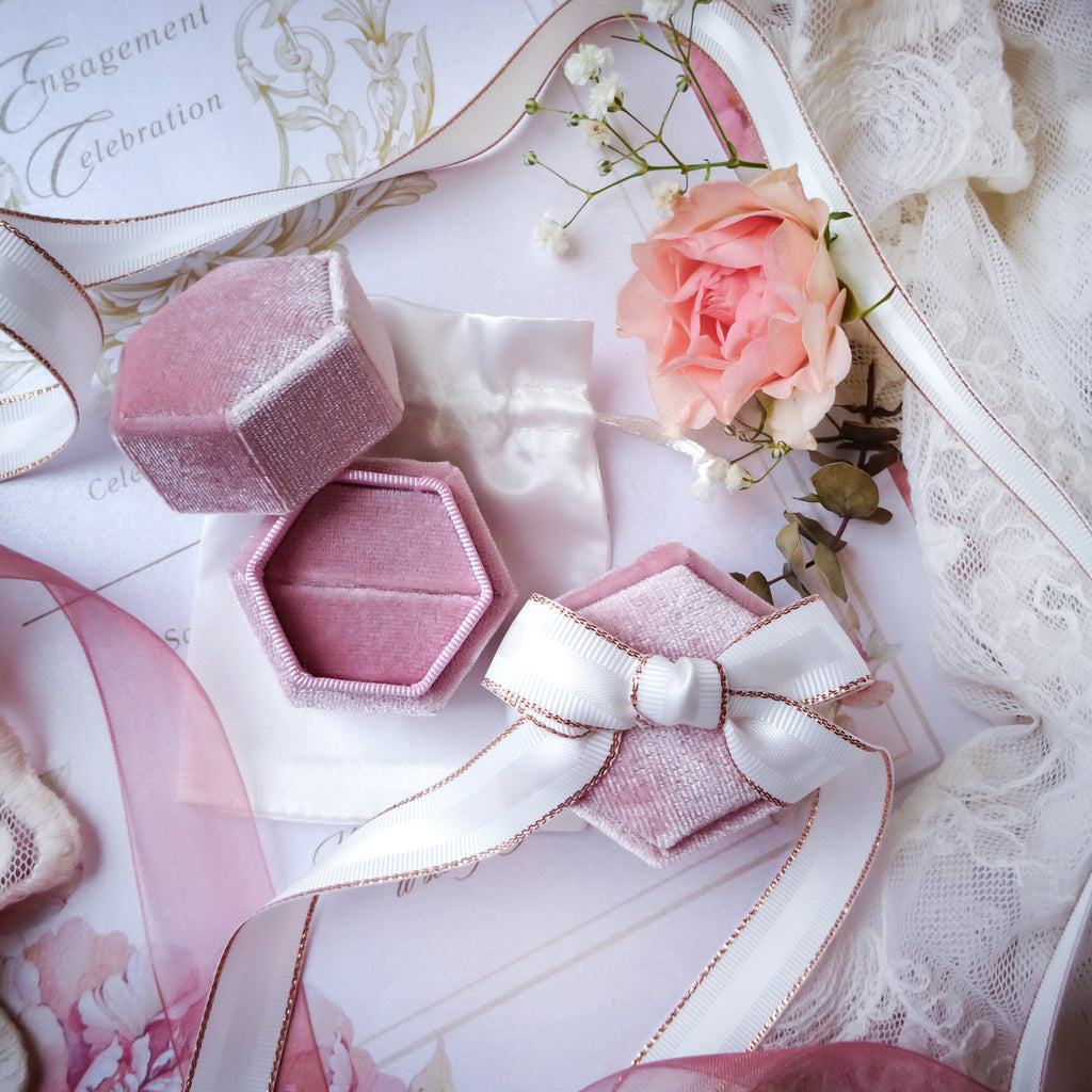 Dusty Pink Engagement & Wedding Velvet Ring Box Gift Kit - White - Bijoux de Chagall