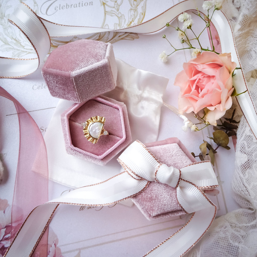 Dusty Pink Engagement & Wedding Velvet Ring Box Gift Kit - White - Bijoux de Chagall