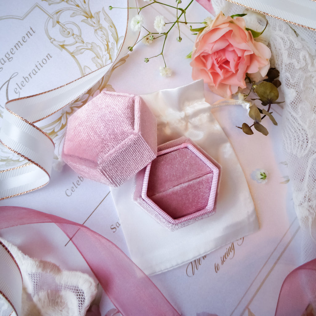 Dusty Pink Engagement & Wedding Velvet Ring Box Gift Kit - White - Bijoux de Chagall