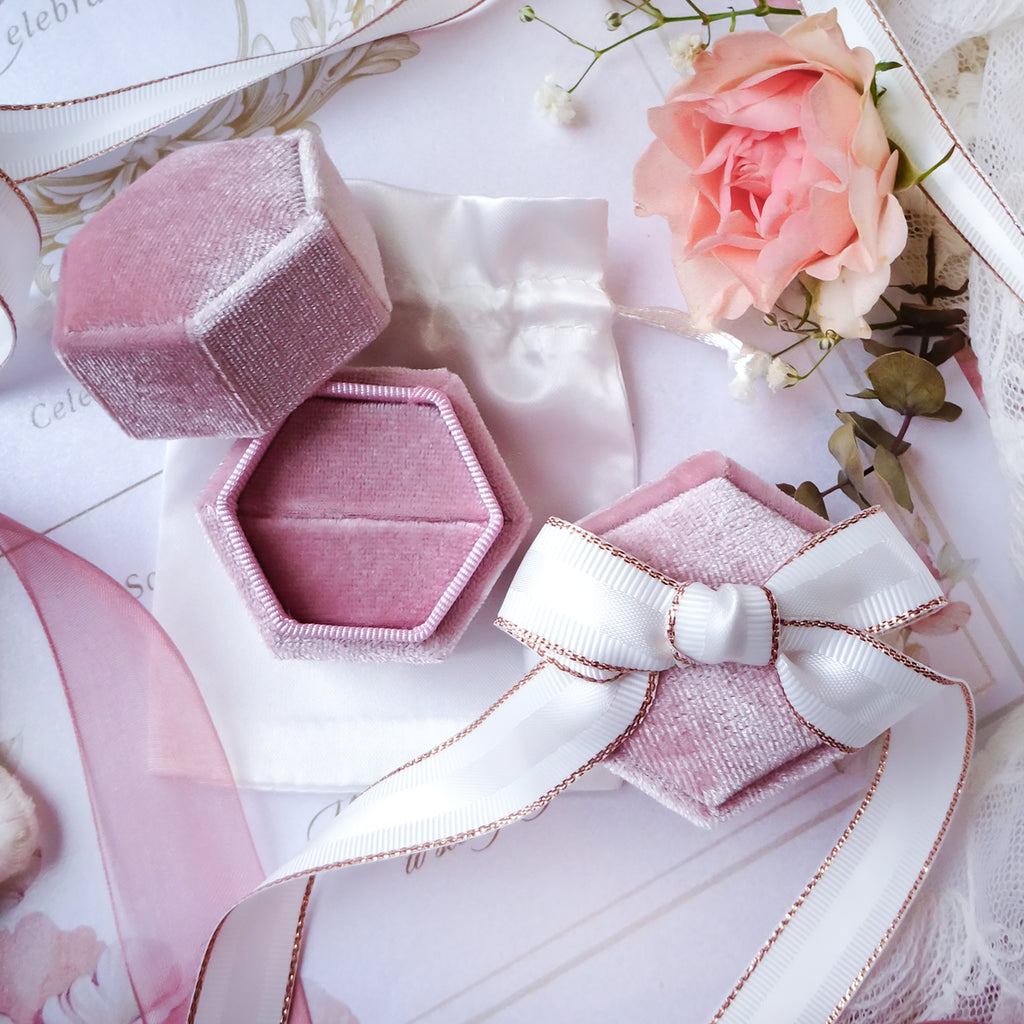 Dusty Pink Engagement & Wedding Velvet Ring Box Gift Kit - White - Bijoux de Chagall