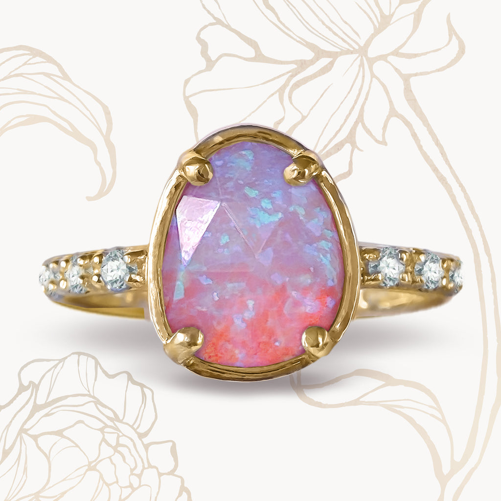 Dreamy Pink Opal Diamond Pave Engagement ring in 9ct / 18ct Gold - Bijoux de Chagall