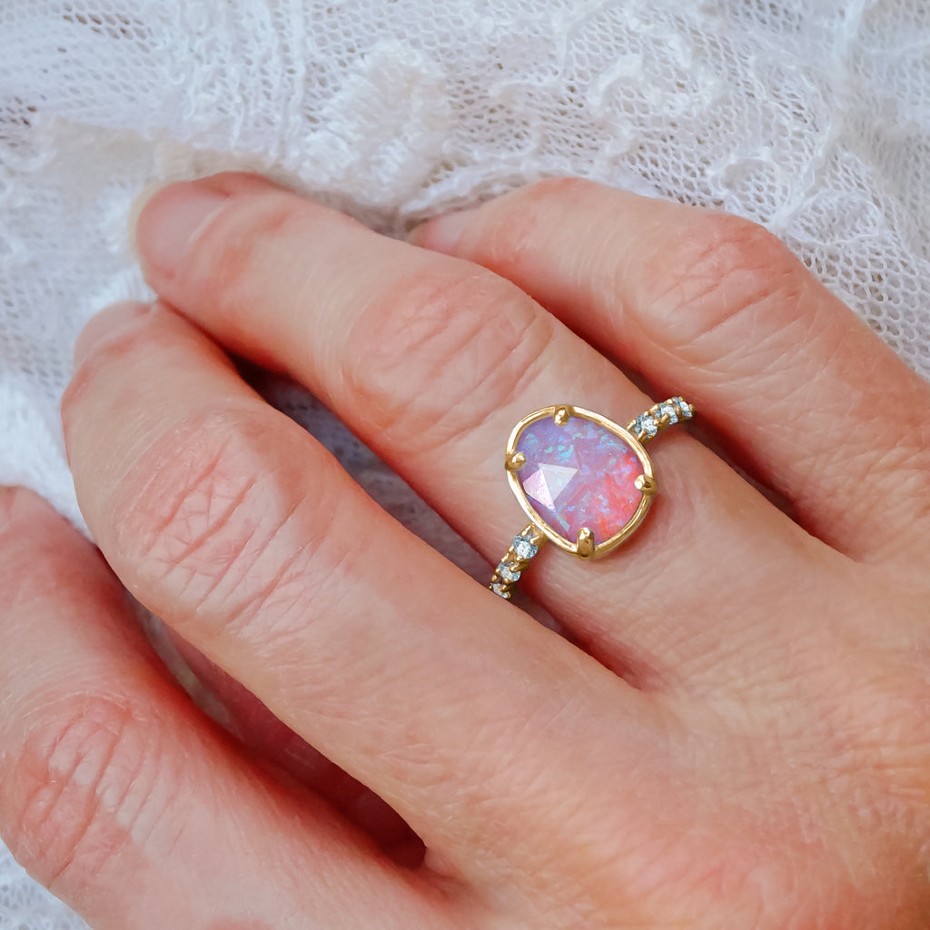 Dreamy Pink Opal Diamond Pave Engagement ring in 9ct / 14ct/ 18ct Gold Rings Bijoux de Chagall