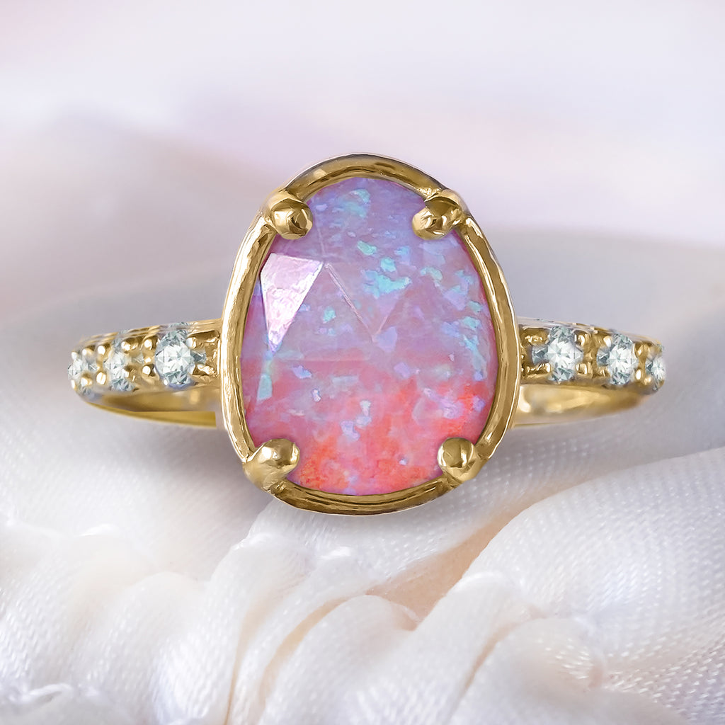 Dreamy Pink Opal Diamond Pave Engagement ring in 9ct / 14ct/ 18ct Gold Rings Bijoux de Chagall