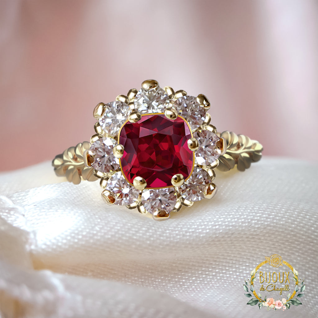 CUSTOM: Vintage Style Ruby Diamond Cluster Engagement ring in 18ct Gold Rings Bijoux de Chagall