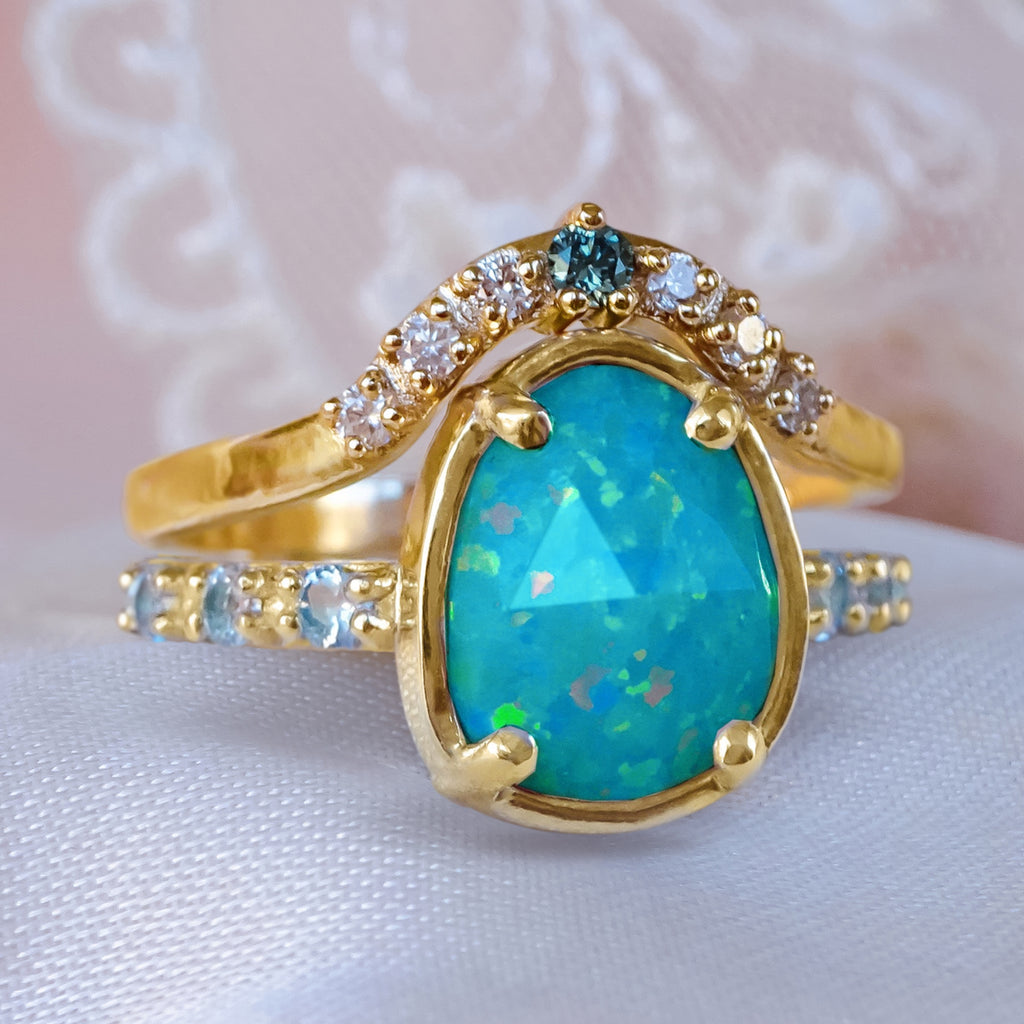Art Deco Ocean-Blue Opal Diamond Engagement Bridal ring Set in 9ct / 18ct Gold Rings Bijoux de Chagall
