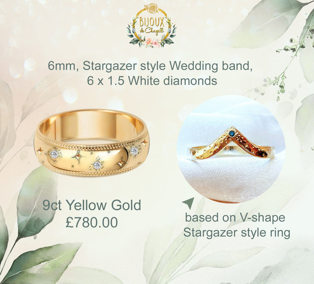 CUSTOM: 6mm Stargazer Textured Wedding ring band in 9ct Yellow Gold - Bijoux de Chagall