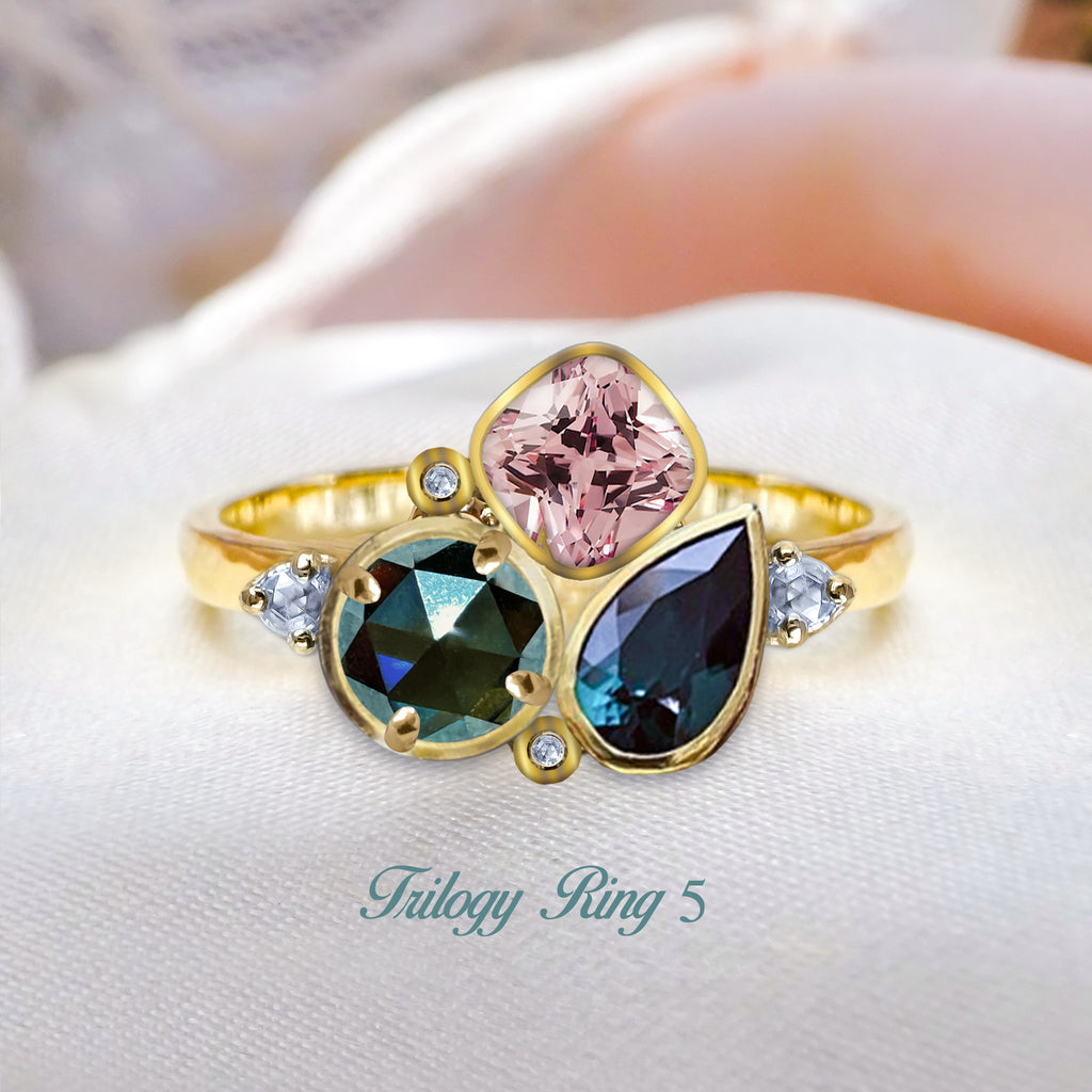 CUSTOM: Trilogy Alexandrite & Sapphire & Moissanite with Diamonds ring in 18ct Gold - Bijoux de Chagall