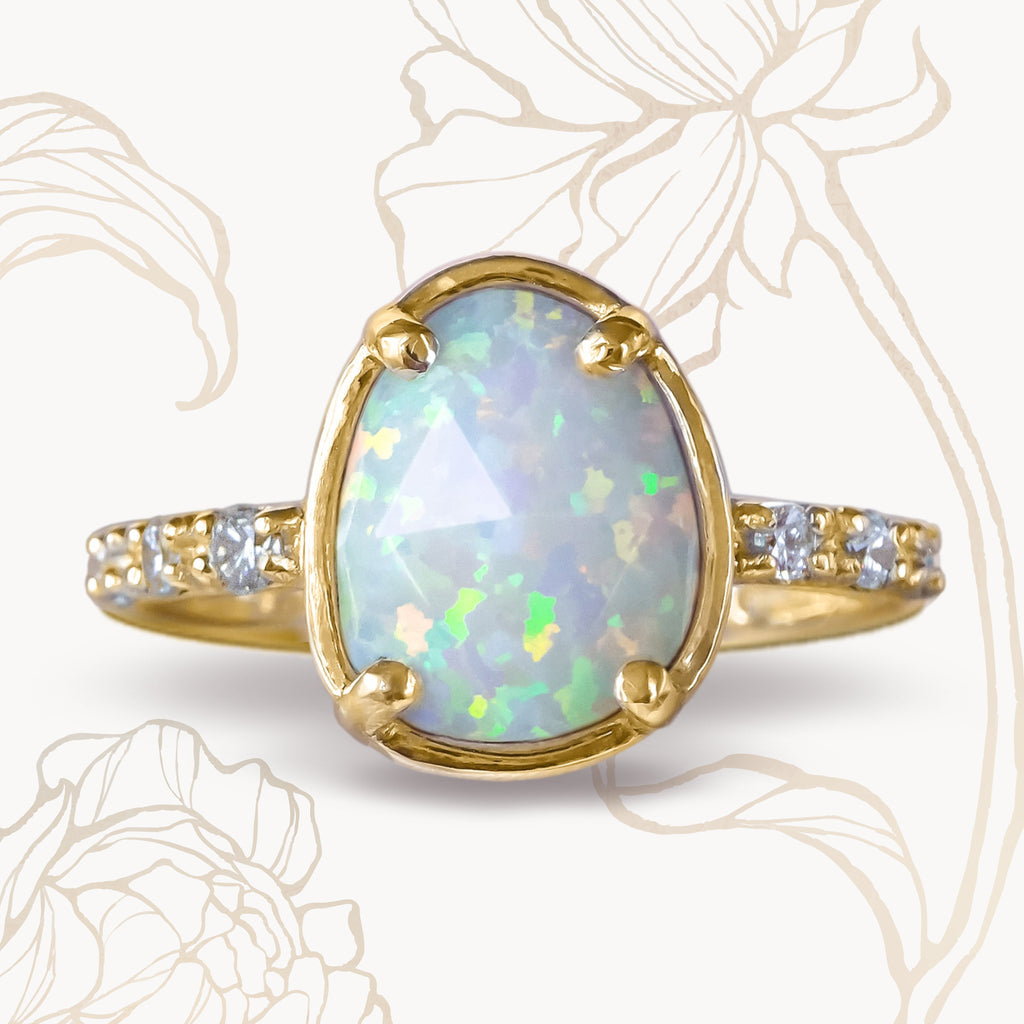 Beautiful White Opal Diamond Unique Engagement ring in 9ct / 18ct Gold. - Bijoux de Chagall