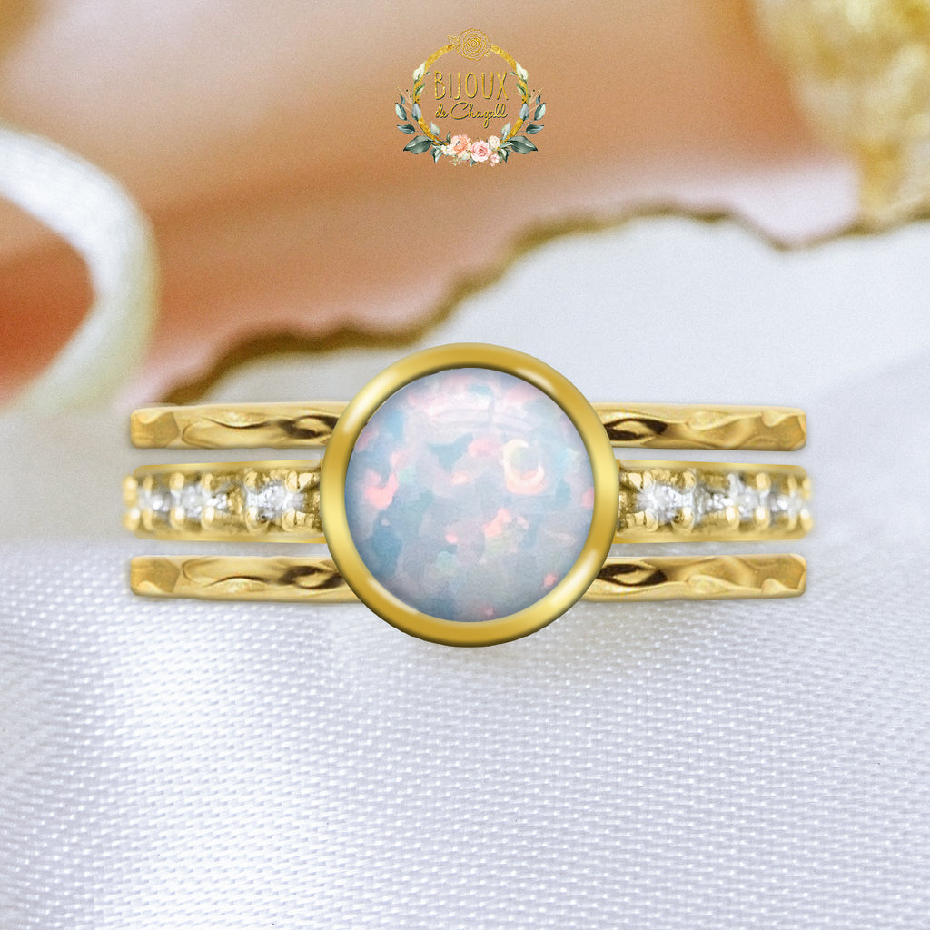 CUSTOM ORDER: Ice White Opal Pave Diamonds ring SET in 9ct Yellow gold - Bijoux de Chagall