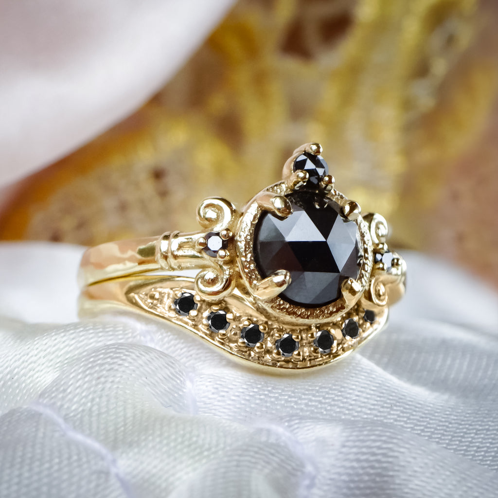 Medieval Art natural Black Diamond Engagement Ring set in 9ct or 18ct Gold - Bijoux de Chagall