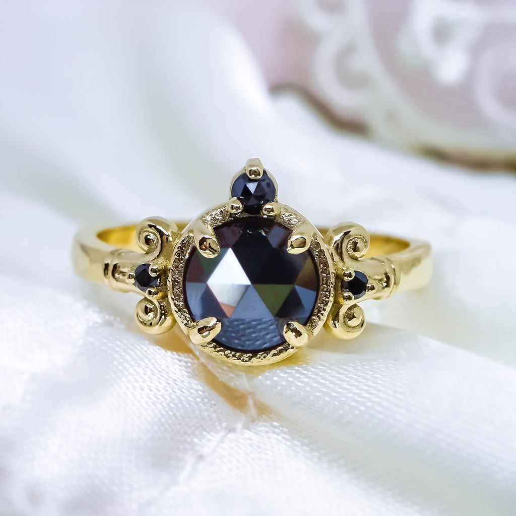 Medieval Art natural Black Diamond Engagement Ring in 9ct Yellow Gold - Bijoux de Chagall