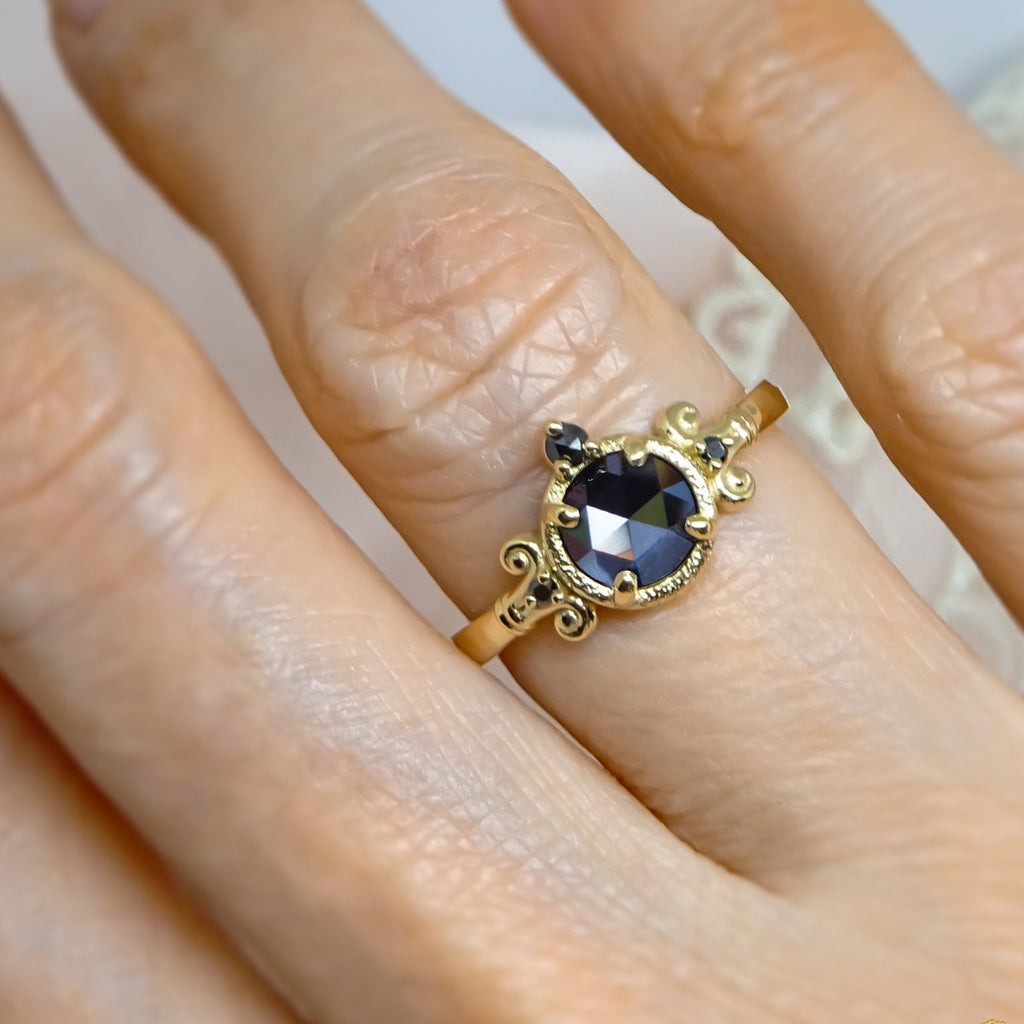 Natural Black Diamond Engagement Ring on a finger in 9ct/ 14ct/ 18ct Gold - Rings -Bijoux de Chagall