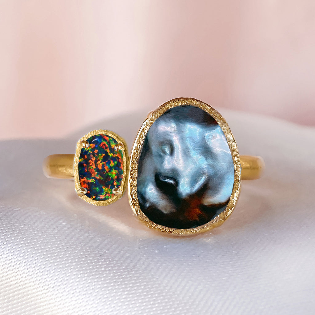 Custom: Toi et Moi - Gorgeous Black Opal and Keshi Pearl Engagement Ring in 9ct Gold - Bijoux de Chagall