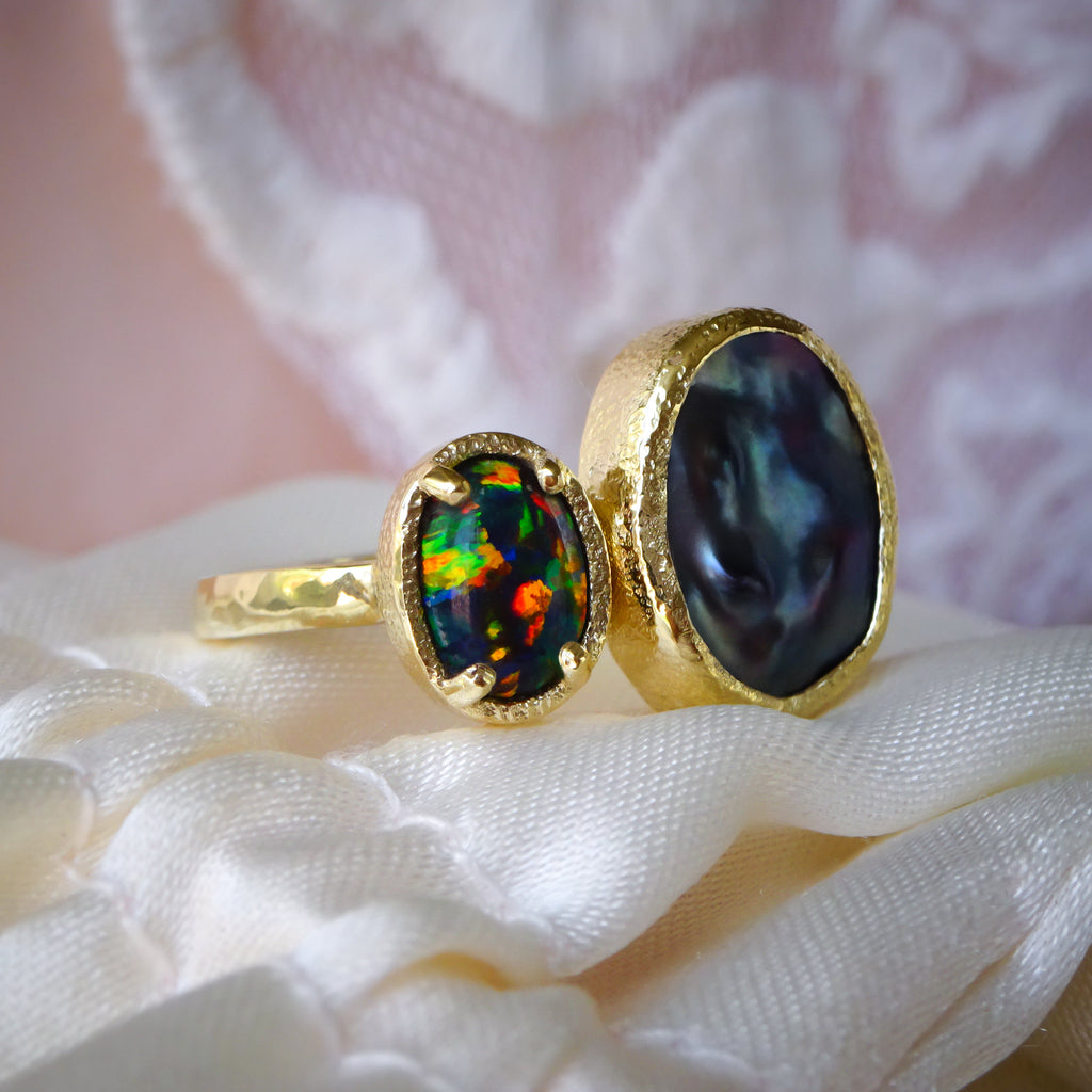 Toi et Moi, Black Fire Opal and Keshi Pearl Engagement Ring in 9ct / 18ct Gold - Bijoux de Chagall