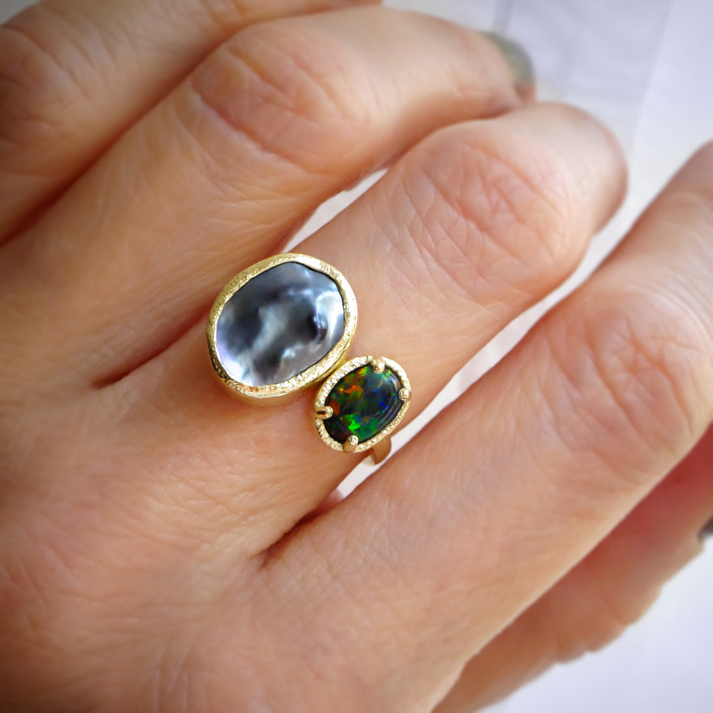 Toi et Moi, Black Fire Opal and Keshi Pearl Engagement Ring in 9ct / 18ct Gold - Bijoux de Chagall