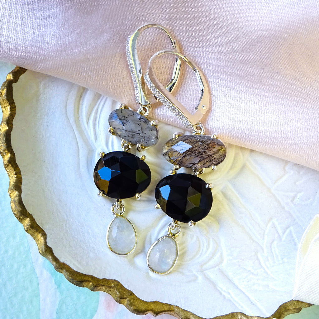 Dazzling Black Quartz & Onyx Dangle Drop Earrings in 925 Silver - Bijoux de Chagall