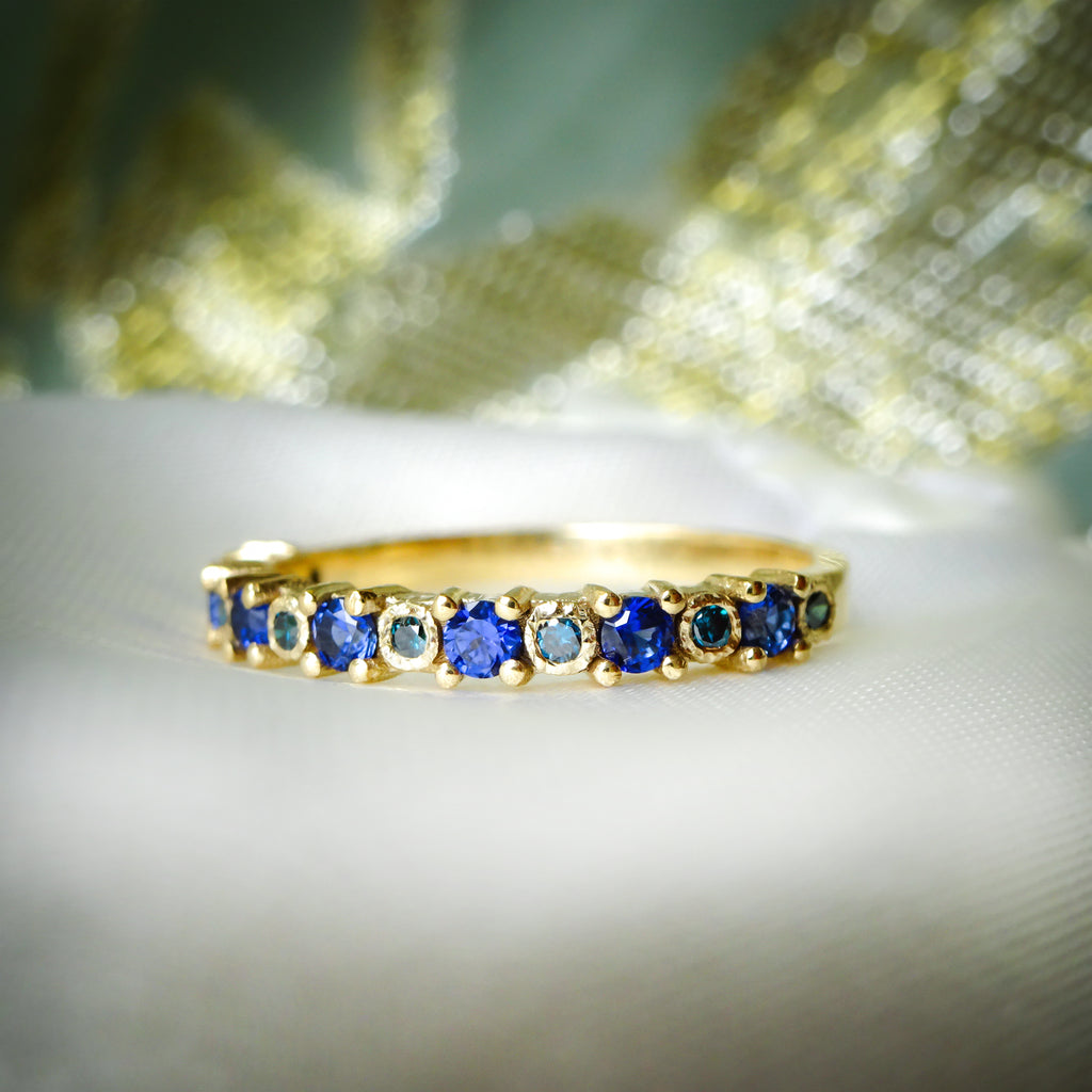 Mesmerising Blue Sapphires and Teal Diamonds Eternity Wedding ring band in 9ct /18ct Gold - Bijoux de Chagall