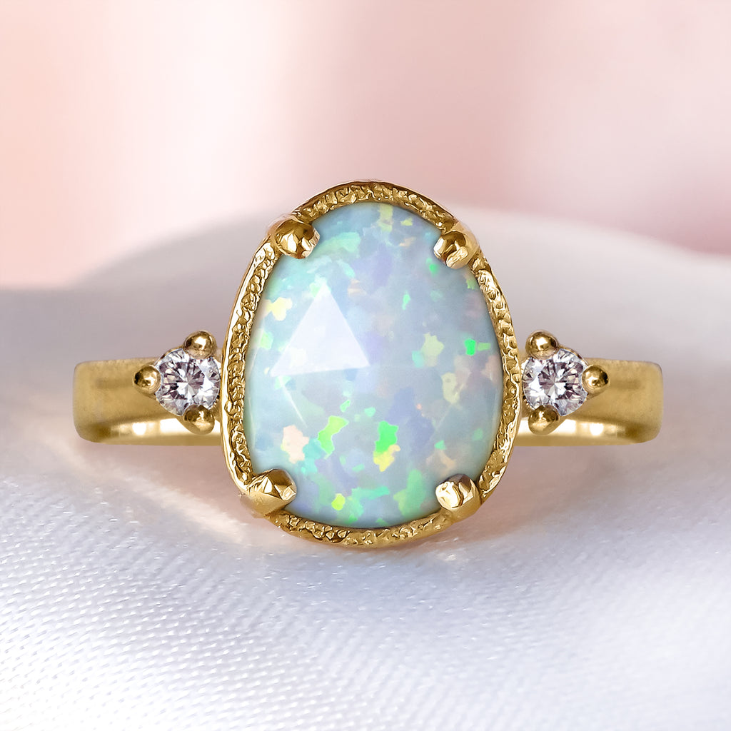 White Opal Diamond Engagement Ring in 9ct/ 14ct / 18ct Gold - Rings - Bijoux de Chagall