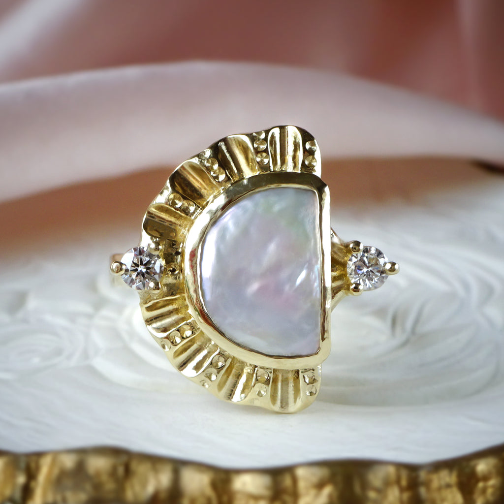 Cleopatra Pearl Sun & Moon Diamond Engagement ring in 9ct Gold - Bijoux de Chagall