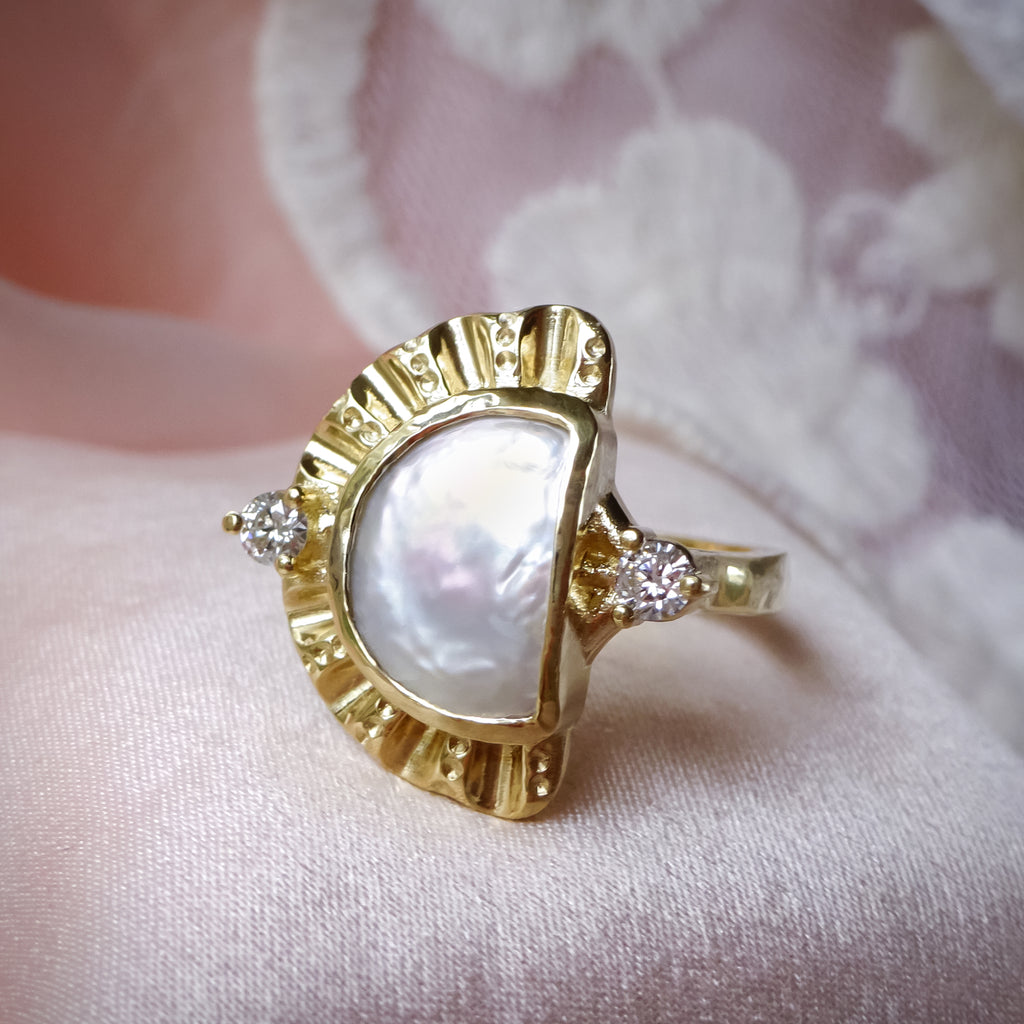 Cleopatra Pearl Sun & Moon Diamond Engagement ring in 9ct / 18ct Gold - Bijoux de Chagall