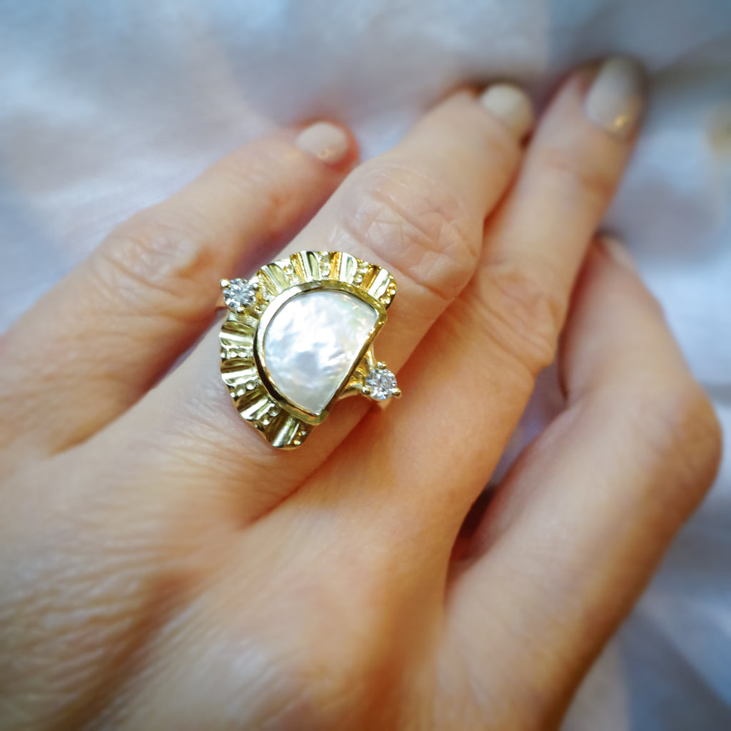 Cleopatra Pearl Sun & Moon Diamond Engagement ring in 9ct Gold - Bijoux de Chagall