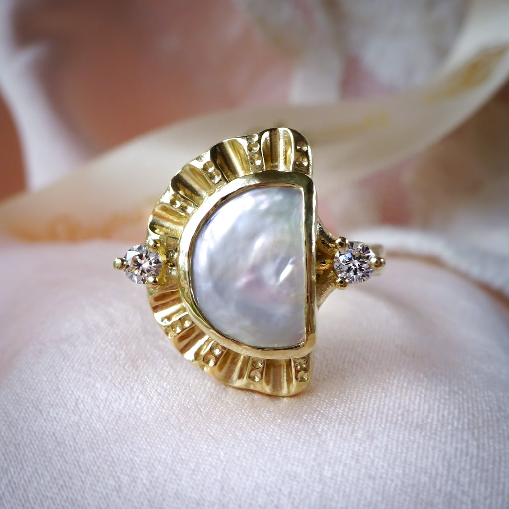 Cleopatra Pearl Sun & Moon Diamond Engagement ring in 9ct / 18ct Gold - Bijoux de Chagall