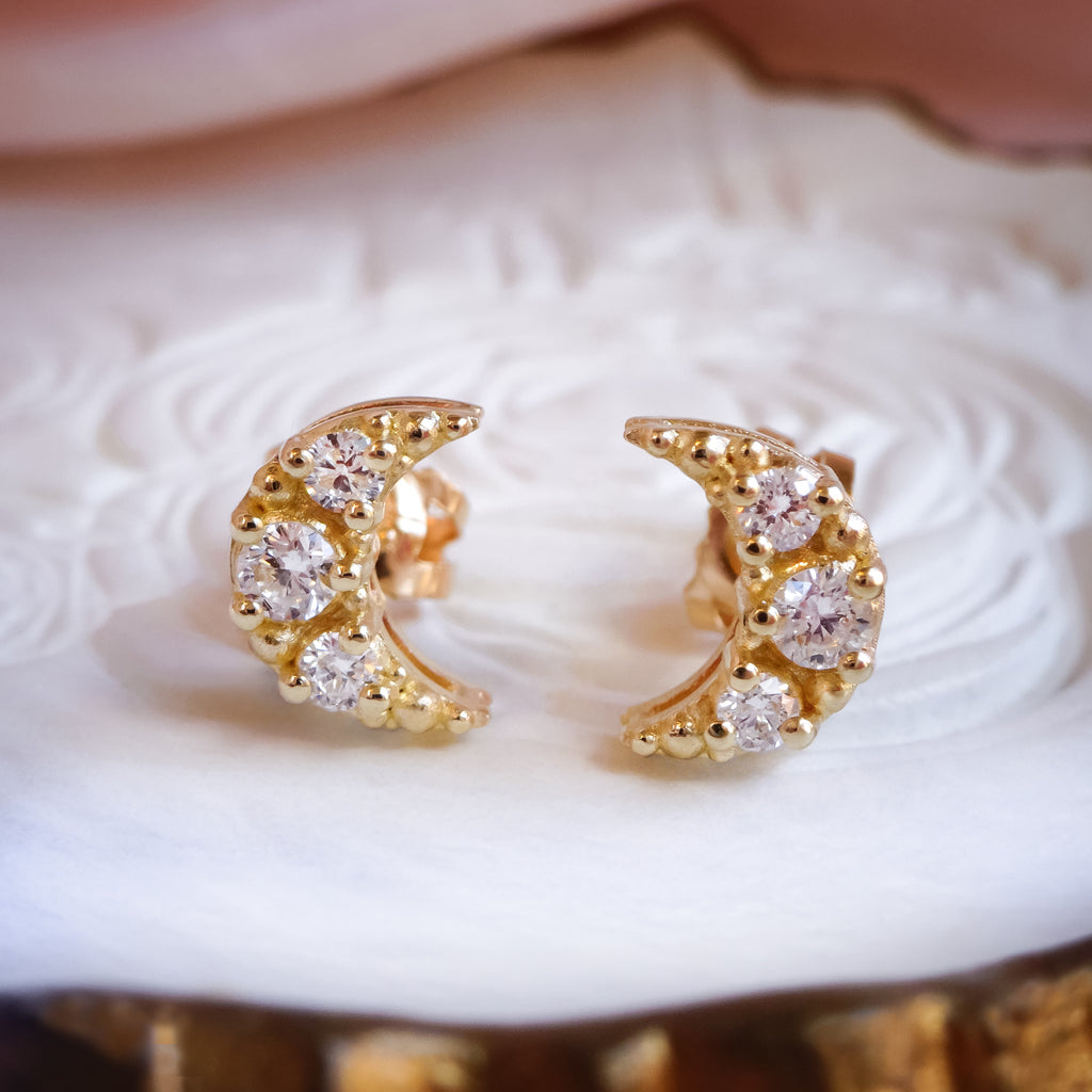 Celestial Dreams Crescent Moon Diamond Stud Earrings in solid 9ct Gold Earrings Bijoux de Chagall