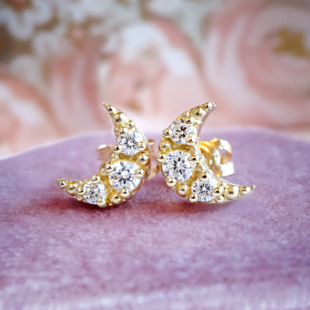Celestial Dreams Crescent Moon Diamond Stud Earrings in solid 9ct Gold Earrings Bijoux de Chagall