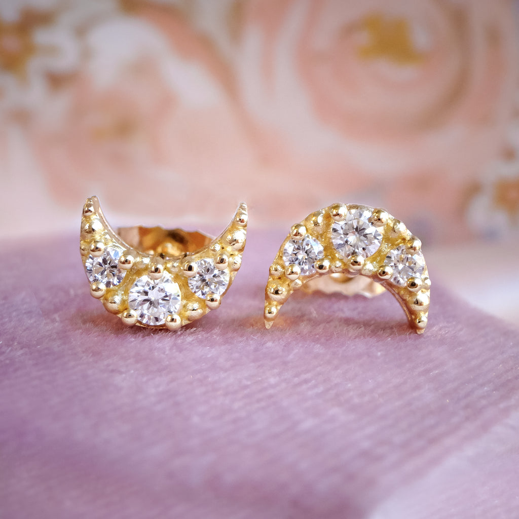 Celestial Dreams Crescent Moon Diamond Stud Earrings in solid 9ct Gold Earrings Bijoux de Chagall