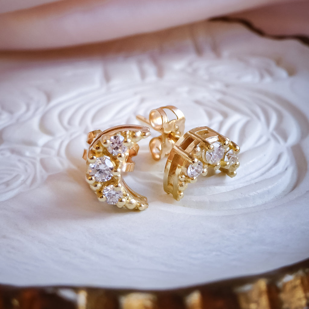 Celestial Dreams Crescent Moon Diamond Stud Earrings in solid 9ct Gold Earrings Bijoux de Chagall