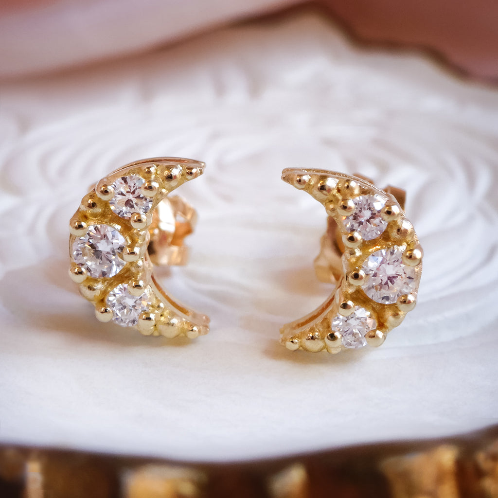 Celestial Dreams Crescent Moon Diamond Stud Earrings in solid 9ct Gold Earrings Bijoux de Chagall