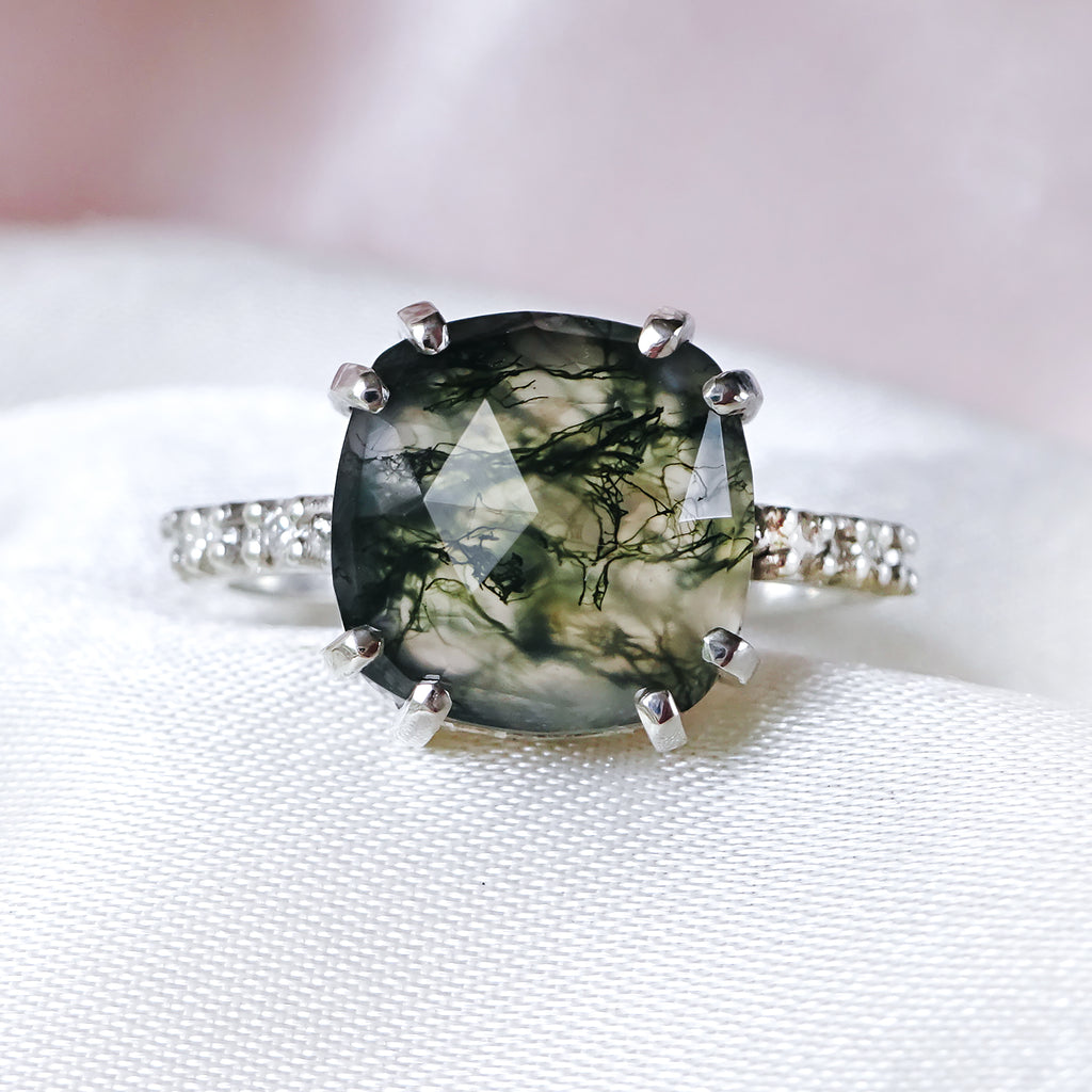 Ethereal Moss Agate & Pave Diamonds Unique Engagement ring in solid 9ct / 18ct Gold Rings Bijoux de Chagall