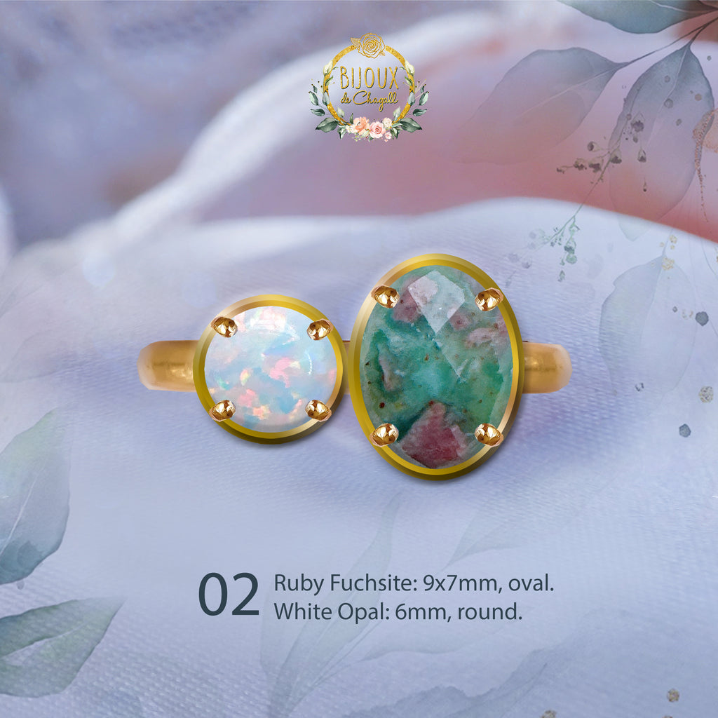 Custom: Toi et Moi - AU White Opal and Ruby Fuchsite Engagement Ring in 18ct Gold - Bijoux de Chagall