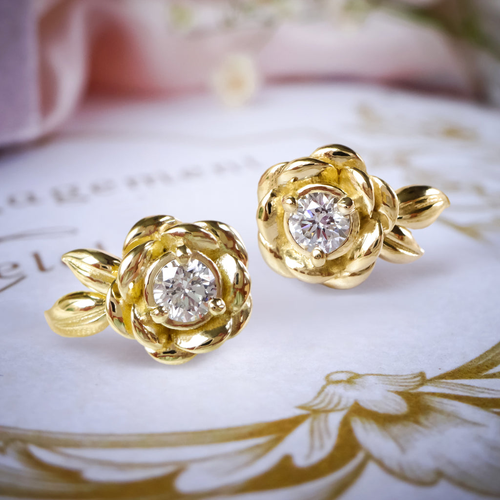 Aurelia Rose Flower Diamond Earrings in 9ct / 18ct Gold - Bijoux de Chagall