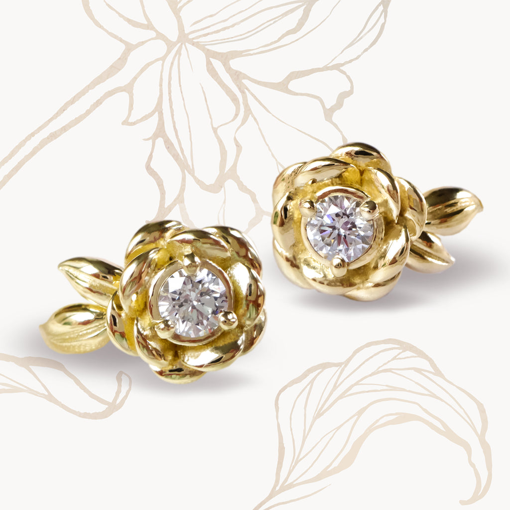 Aurelia Rose Flower Diamond Earrings in 9ct / 18ct Gold - Bijoux de Chagall
