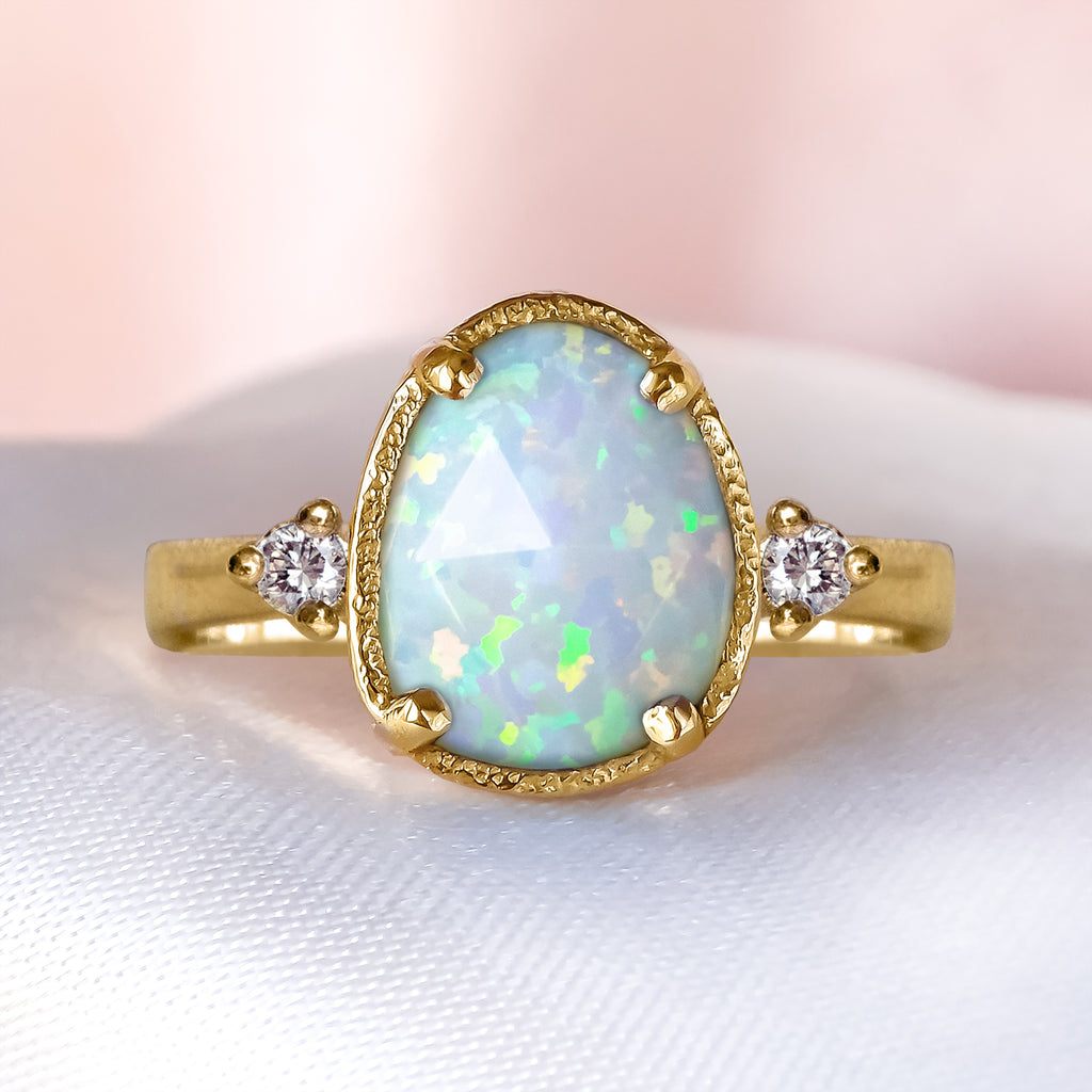 White Opal Diamond Engagement Ring in 9ct/ 14ct / 18ct Gold - Rings - Bijoux de Chagall