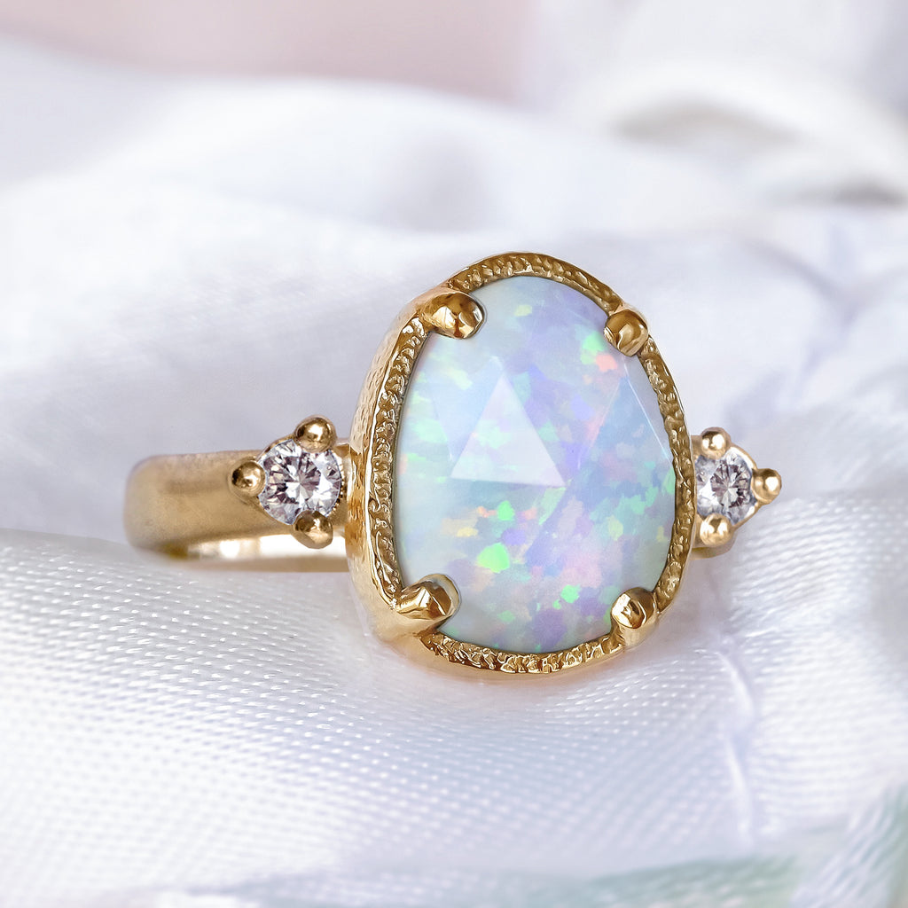 White Opal Diamond Engagement Ring in 9ct/ 14ct / 18ct Gold - Rings - Bijoux de Chagall