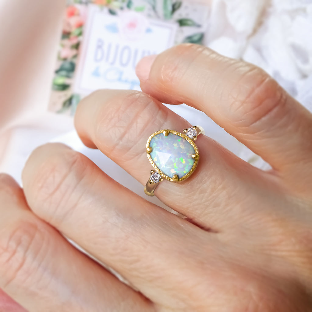 White Opal Diamond Engagement Ring in 9ct/ 14ct / 18ct Gold - Rings - Bijoux de Chagall