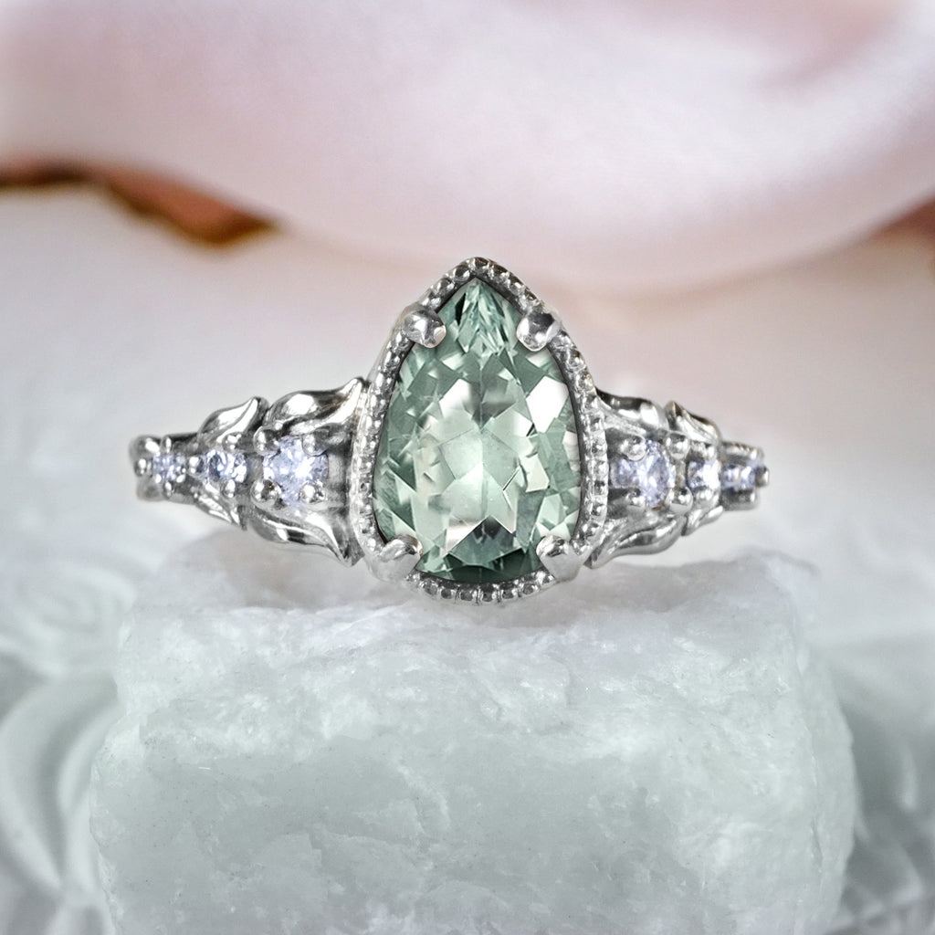 Dreamy Flora Pear Green Sapphire Diamond Engagement Ring in 9ct / 18ct Gold - Bijoux de Chagall