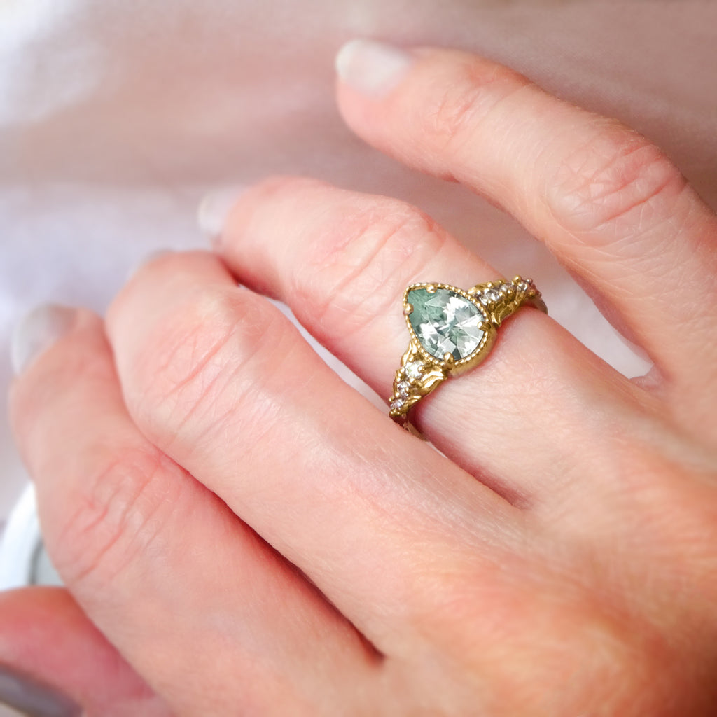 Dreamy Flora Pear Green Sapphire or Diamond Engagement Ring in 9ct / 14ct/ 18ct Gold Rings Bijoux de Chagall