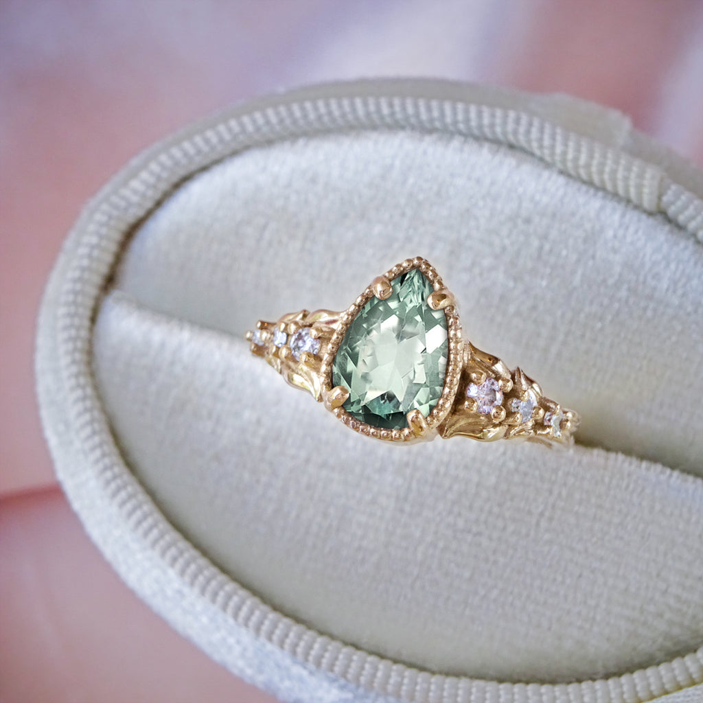 Dreamy Flora Pear Green Sapphire Diamond Engagement Ring in 9ct / 18ct Gold - Bijoux de Chagall