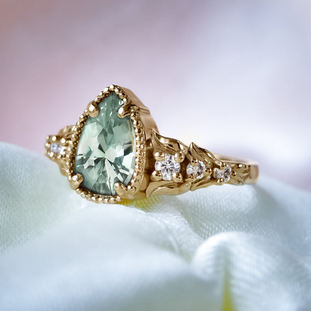 Dreamy Flora Pear Green Sapphire Diamond Engagement Ring in 9ct / 18ct Gold - Bijoux de Chagall